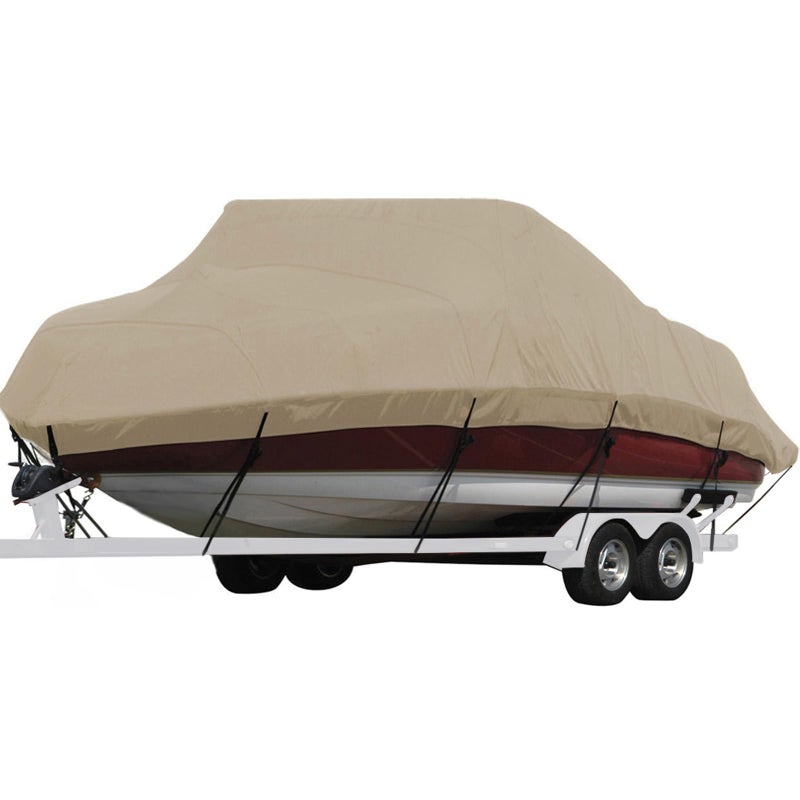 Seamander Waterproof Boat Cover, Solution-Dyed Yarn Marine Grade Cover Fits 14' to 16' ft Bass, V-Hull, Tri-Hull, Fish & Ski, Runabout Bowrider Boats - Heavy Duty Canvas Beige 90" Width - Image 1